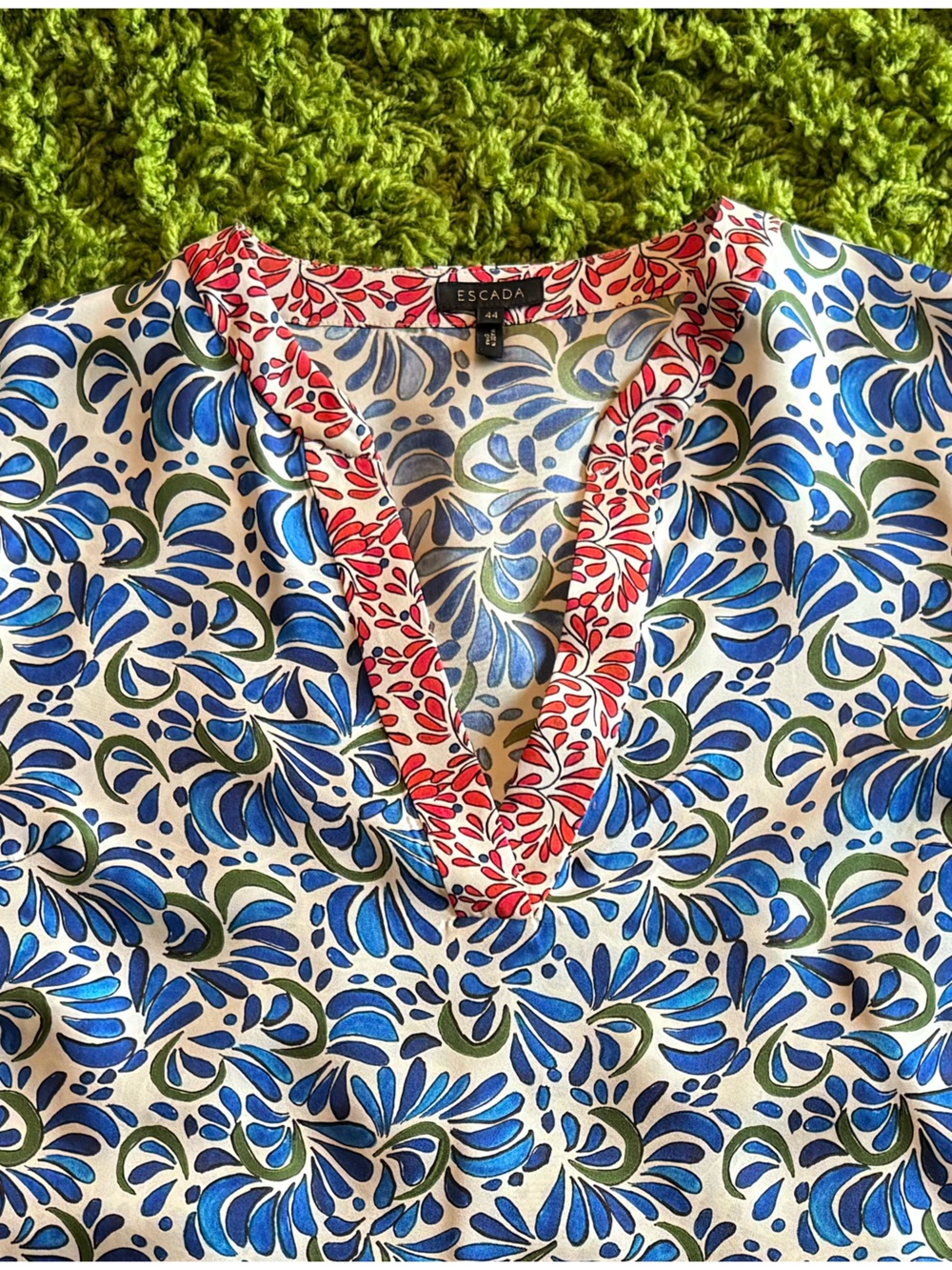 Escada Multicolor Floral V-Neck Blouse with Red Trim
